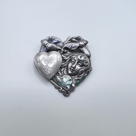 Vintage Art Nouveau Revival Sterling Silver Woman Profile Heart Locket Brooch - Picture 3 of 4